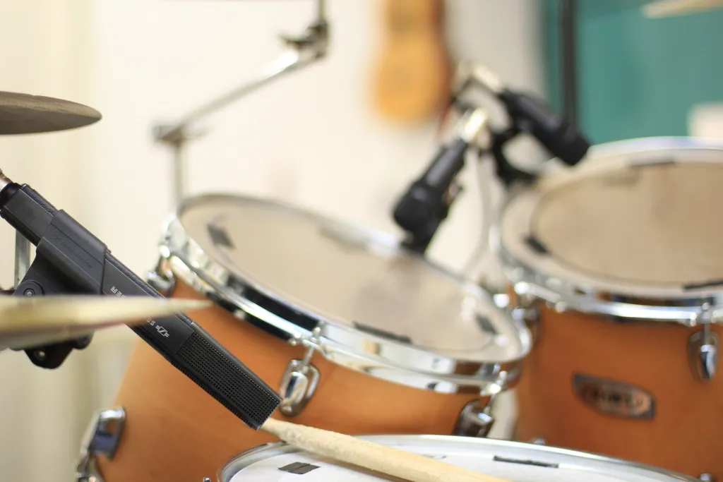 Drum kit set up in a teaching studio